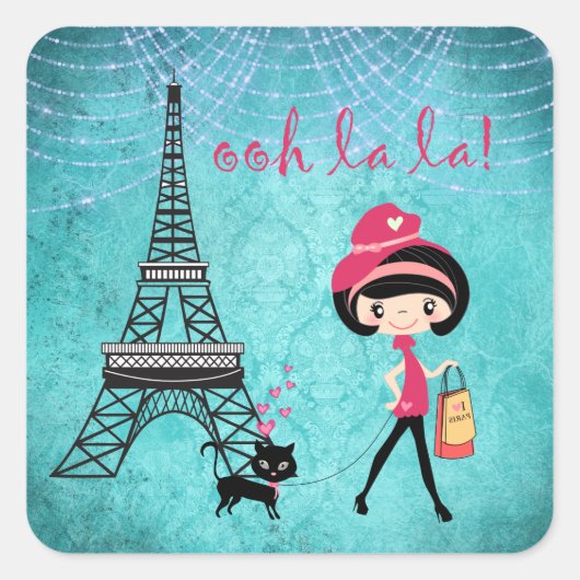 Oh La Paris Meisje en Kat Met Eiffeltoren Vierkante Sticker (Voorkant)