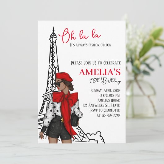 Oh la Paris Red Verjaardag uitnodiging (Staand voorkant)