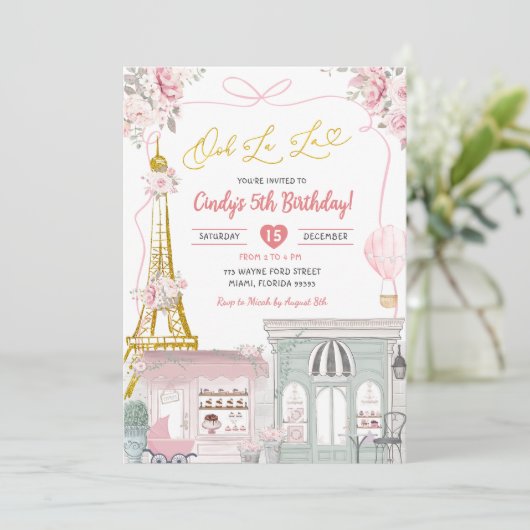 Oh La Roze Parijse Cafe Bow Coquette Verjaardag Kaart (Staand voorkant)