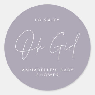 Oh meisje Baby shower script paarse lila Elegant Ronde Sticker