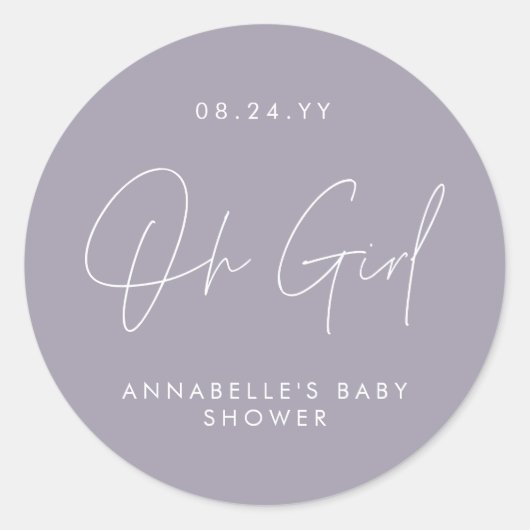 Oh meisje Baby shower script paarse lila Elegant Ronde Sticker (Voorkant)