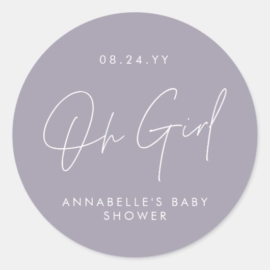 Oh meisje Baby shower script paarse lila Elegant Ronde Sticker (Voorkant)
