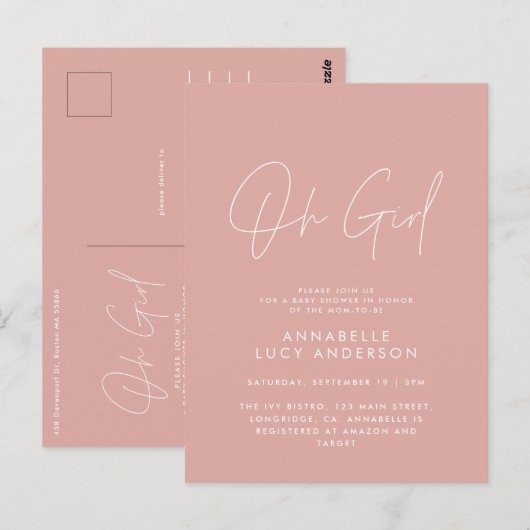 Oh meisje Baby shower script roze elegant Briefkaart (Voorkant / Achterkant)