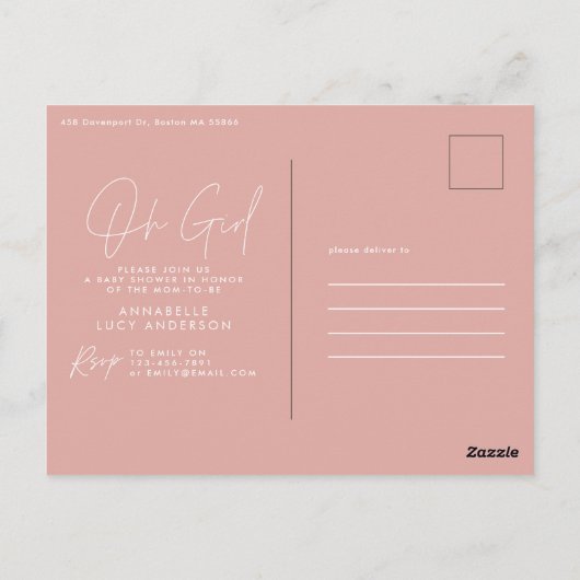 Oh meisje Baby shower script roze elegant Briefkaart (Achterkant)