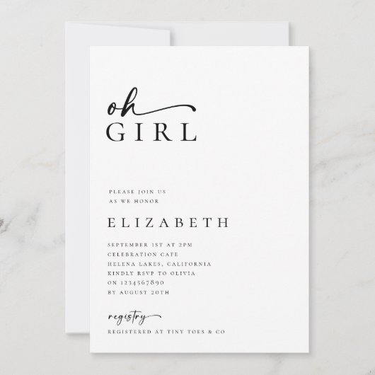 Oh Meisje Modern Minimalistisch Script Baby shower Kaart (Voorkant)