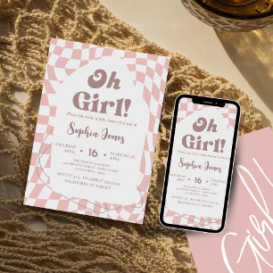 Oh meisje! Roze geruit   Gingham   BABY SHOWER Kaart