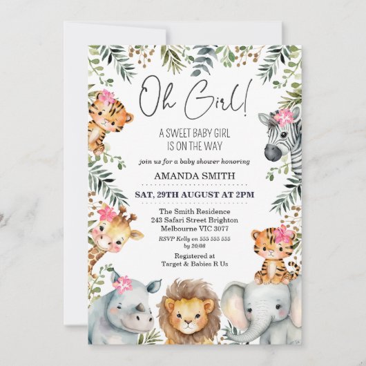 Oh Meisje Safari Foliage Baby shower Uitnodiging (Voorkant)