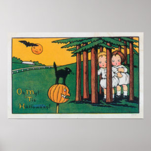 Oh mijn tis Halloween Black Cat Scaring Kinderen Poster