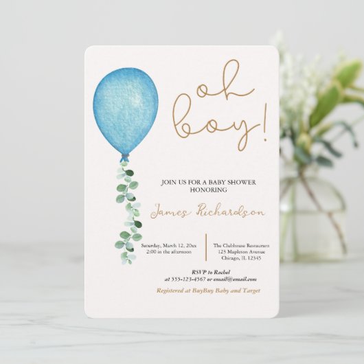 Oh niño beige modernos globos azules bebé kaart (Staand voorkant)