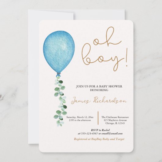 Oh niño beige modernos globos azules bebé kaart (Voorkant)