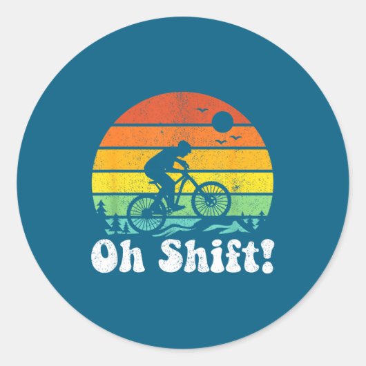 Oh Shift Funny Mountain Bike Rider Biking Retro Cy Ronde Sticker (Voorkant)