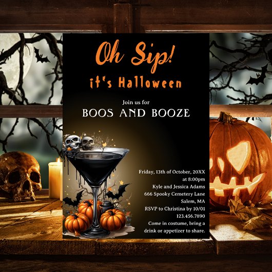 Oh Sip Black Martini Boos & Booze Halloween Party Kaart