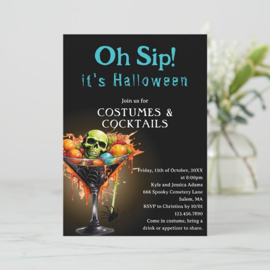 Oh Sip Funny Black Martini Halloween Kostuumfeest Kaart (Staand voorkant)