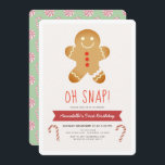 Oh Snap Gingerbread Man Kids Verjaardag Kaart<br><div class="desc">Deze schattige "oh snap" genderneutrale verjaardagsuitnodiging is voorzien van een peperkoek man op een crème achtergrond omlijst door een witte rand. De achterkant heeft een lichtgroene achtergrond met snoeprietpatronen. Personaliseer het voor uw behoeften. U kunt bijpassende producten vinden in mijn winkel.</div>