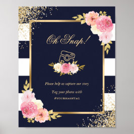 Oh Snap Instagram Navy Roze Bloemen Trouwbord Poster