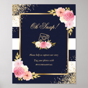 Oh Snap Instagram Navy Roze Bloemen Trouwbord Poster