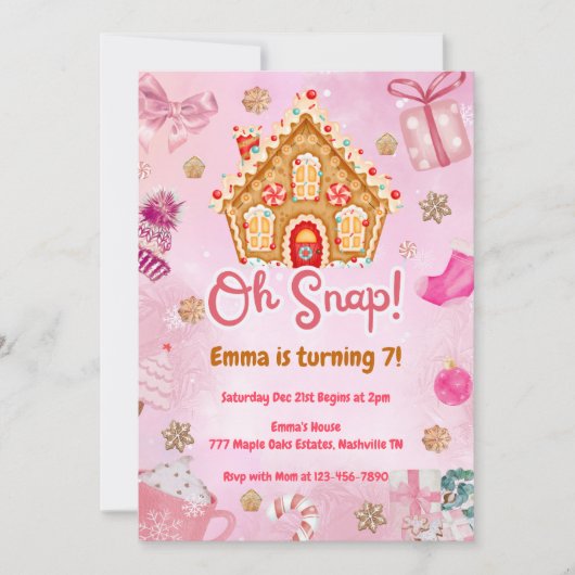 Oh Snap Pink Gingerbread House Verjaardag uitnodig Kaart (Voorkant)