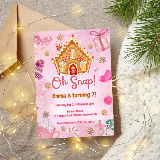 Oh Snap Pink Gingerbread House Verjaardag uitnodig Kaart
