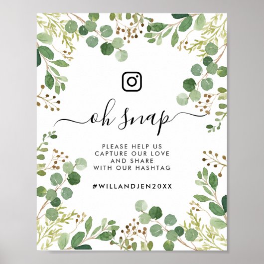 Oh Snap Wedding Hashtag Waterverf Foliage Sign Poster (Voorkant)