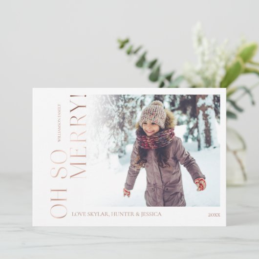 Oh So Merry | Foto van White Minimal Roos Gold Fam Feestdagenkaart (Staand voorkant)
