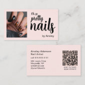 Oh So Pretty Nagelstylist Script Roze Foto QR Code Visitekaartje (Voorkant / Achterkant)