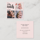 Oh So Pretty Nail Artist Pink Script Photo Vierkante Visitekaartje (Voorkant / Achterkant)