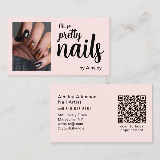 Oh So Pretty Nail Artist Script Pink Photo QR Code Visitekaartje (Voorkant / Achterkant)