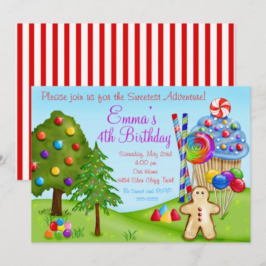 Oh Sweet Candyland Birthday Cupcake Invitaties Kaart (Voorkant / Achterkant)