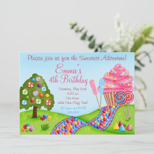Oh Sweet Candyland Birthday Cupcake Invitaties Kaart (Staand voorkant)
