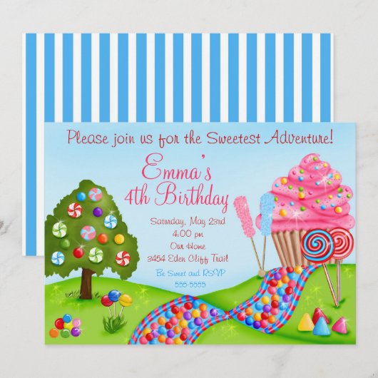 Oh Sweet Candyland Birthday Cupcake Invitaties Kaart (Voorkant / Achterkant)