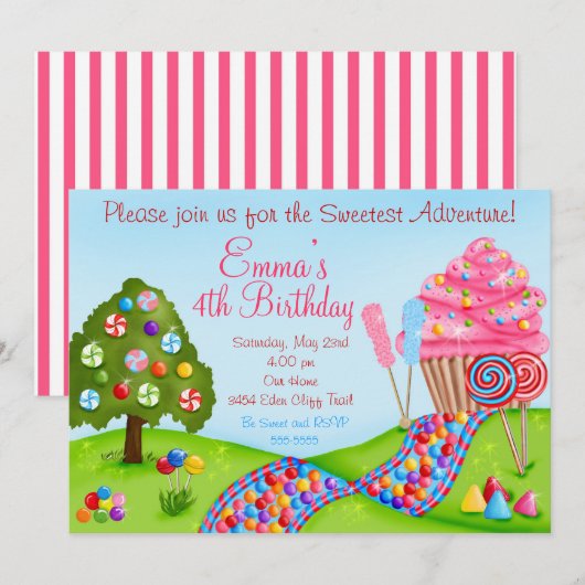 Oh Sweet Snoep Land Birthday Cupcake Invitations Kaart (Voorkant / Achterkant)