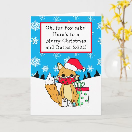 Oh voor Fox Sake, 2020, Grappig Kerstfeest Kaart (Gele Bloem)