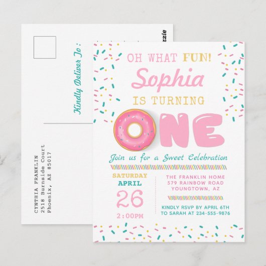 Oh wat een leuk donut feestje voor de eerste verja briefkaart (Voorkant / Achterkant)