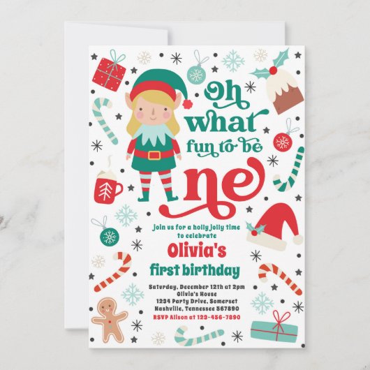 Oh wat een leuk elf kerst 1e verjaardagsfeest kaart (Voorkant)
