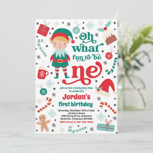 Oh wat een leuk elf kerst 1e verjaardagsfeest kaart (Staand voorkant)