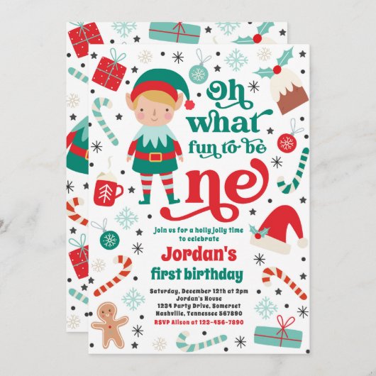 Oh wat een leuk elf kerst 1e verjaardagsfeest kaart (Voorkant / Achterkant)