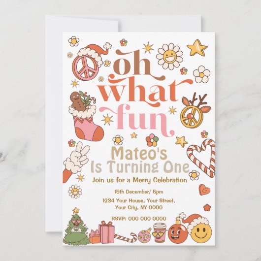 Oh wat een leuke eerste verjaardag Groovy uitnodig Kaart (Voorkant)