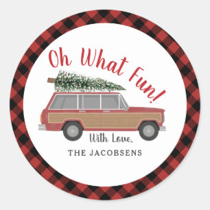 Oh Wat een leuke houten wagon met kerstboom Ronde Sticker