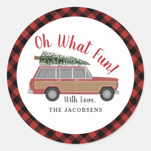 Oh Wat een leuke houten wagon met kerstboom Ronde Sticker (Voorkant)