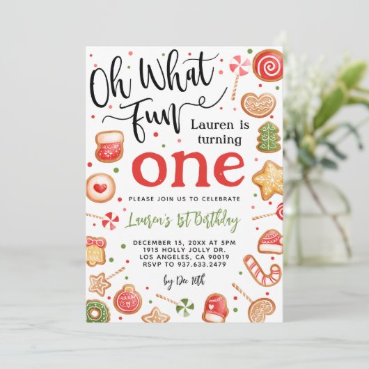 Oh wat een leuke kerst 1e verjaardag uitnodiging (Staand voorkant)