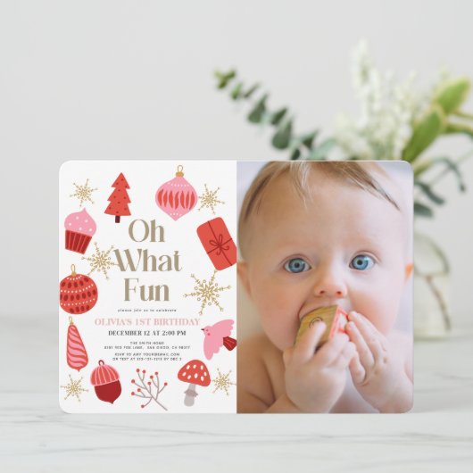 Oh wat een leuke kerst roze 1e verjaardag foto kaart (Staand voorkant)
