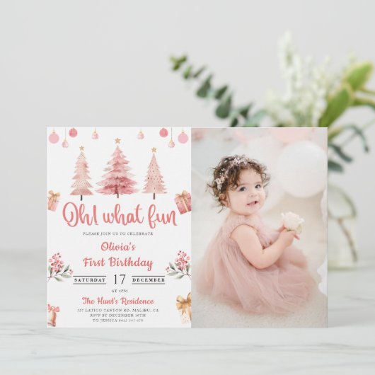 Oh Wat een leuke kerstroze boom Verjaardag Foto Kaart (Staand voorkant)