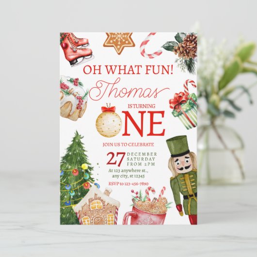 Oh wat een leuke kerstwinter eerste verjaardag kaart (Staand voorkant)