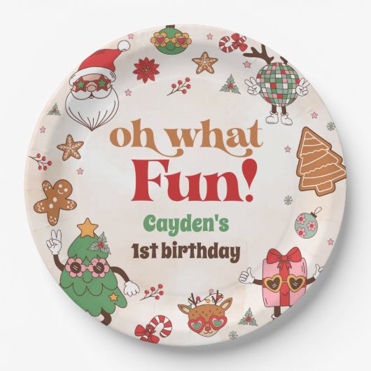 Oh wat een leuke retro kerst eerste verjaardag papieren bordje (Voorkant)