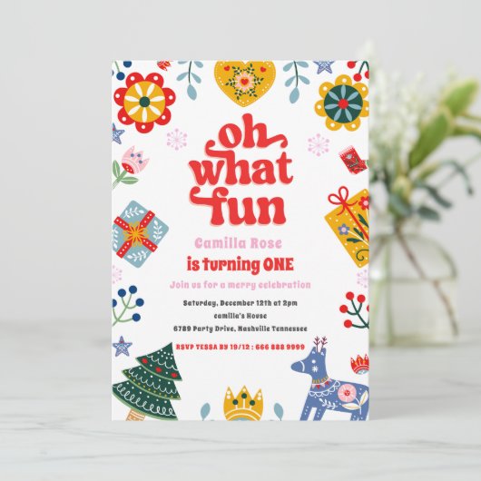 Oh wat een leuke rode en roze kerstfeest uitnodigi kaart (Staand voorkant)