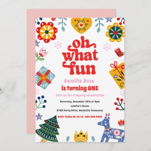 Oh wat een leuke rode en roze kerstfeest uitnodigi kaart (Voorkant / Achterkant)