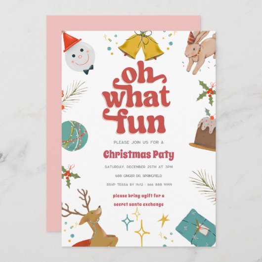 Oh wat een leuke rode en roze kerstfeest uitnodigi kaart (Voorkant / Achterkant)