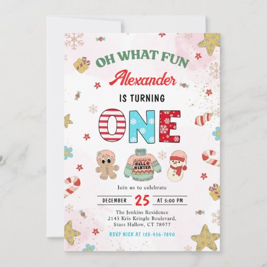 Oh wat een leuke winter kerst 1e verjaardag kaart (Voorkant)