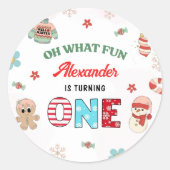 Oh wat een leuke winter kerst 1e verjaardag ronde sticker (Voorkant)