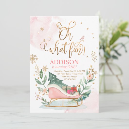 Oh wat een leuke winterslee 1e verjaardag uitnodig kaart (Staand voorkant)